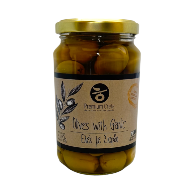 Olives vertes farcies à l'ail en bocal PREMIUM CRETE 190 g net Olives vertes farcies à l'ail en bocal PREMIUM CRETE 190 g net