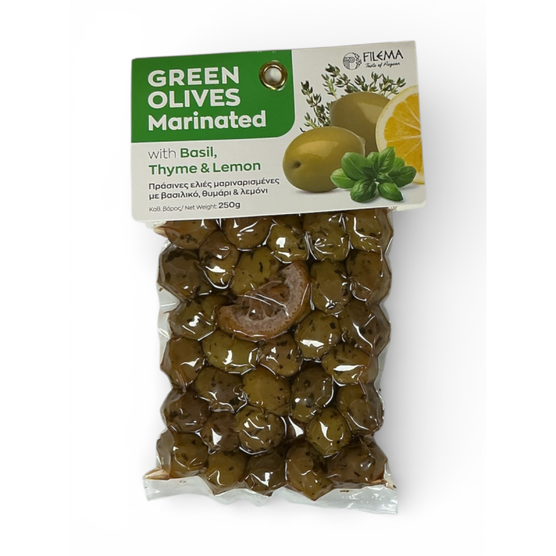 Olives grecques vertes Atlas basilic thym citron FILEMA 250 g
