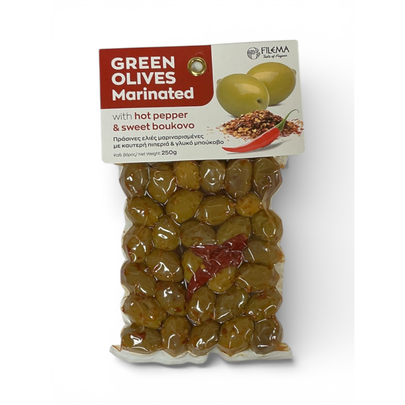 Olives grecques vertes Atlas marinées piment fort et boukovo doux FILEMA 250 g