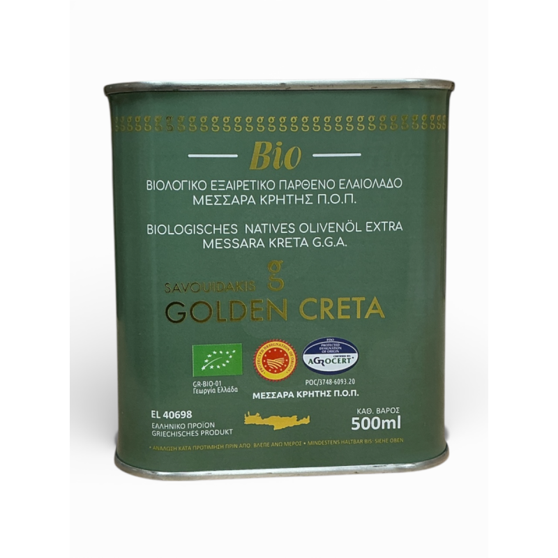 Huile d'olive vierge extra BIO de Messara AOP GOLDEN CRETA SAVOUIDAKIS en bidon 500 ml