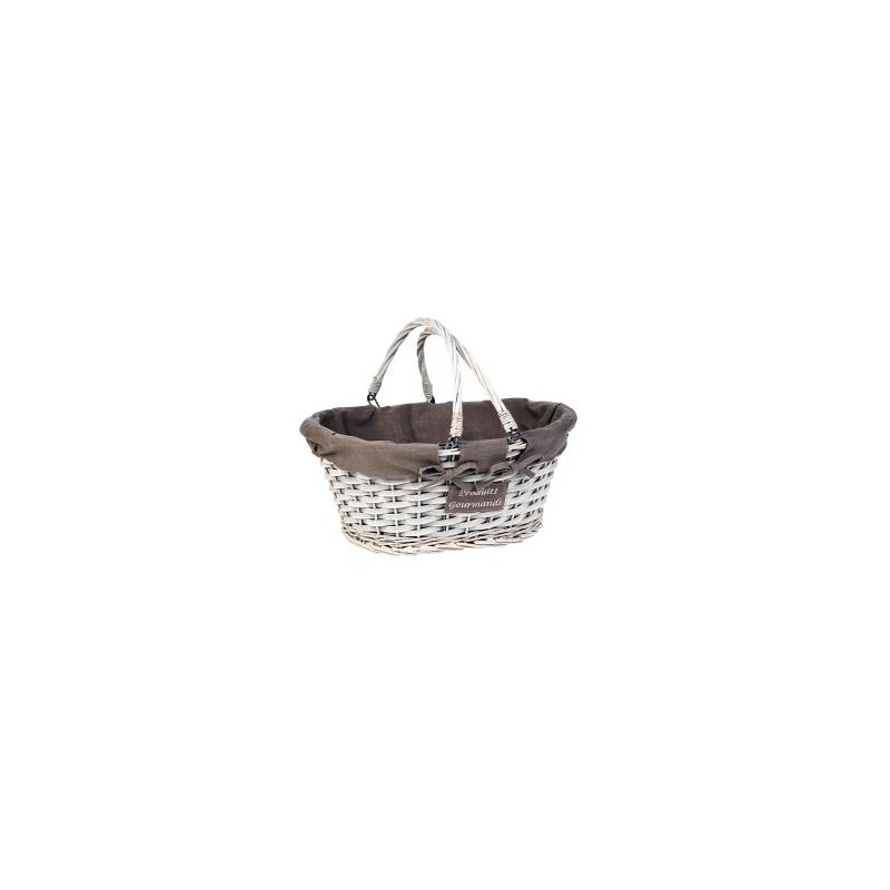 Panier ovale osier/bois coloris gris/tissu et broderie anses rabattables 42x32x1