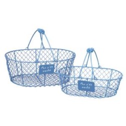 Panier métal ovale bleu anses métal et plaque Mon p'tit marché 29x18x9 cm