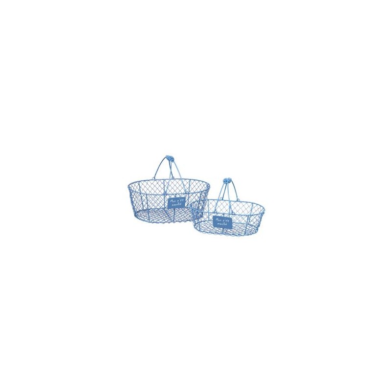 Panier métal ovale bleu anses métal et plaque Mon p'tit marché 29x18x9 cm