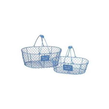 Panier métal ovale bleu anses métal et plaque Mon p'tit marché 29x18x9 cm
