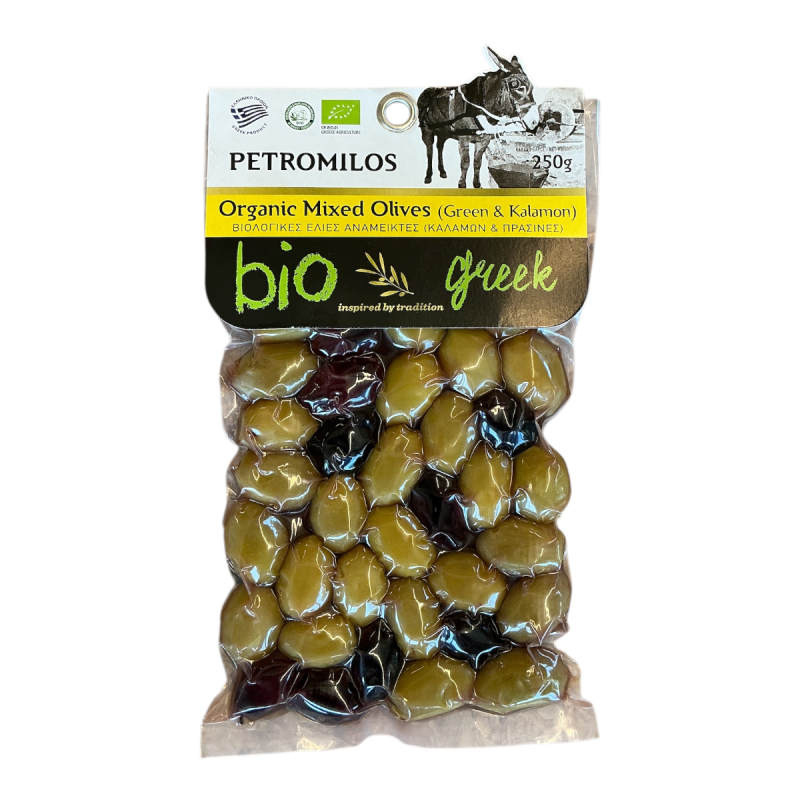 Olives grecques mixtes BIO en sous vide PETROMILOS 250 g Olives grecques mixtes BIO en sous vide PETROMILOS 250 g