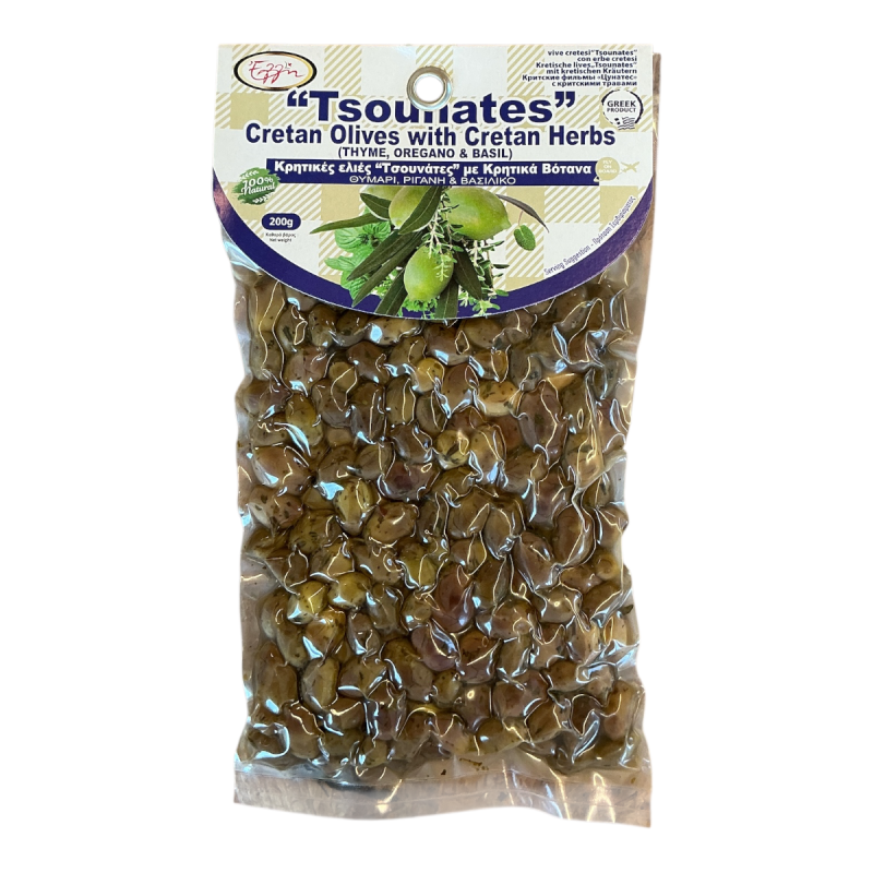Olives de Crète variété Tsounati marinées aux "thym, origan et basilic" ELLIE 200 g