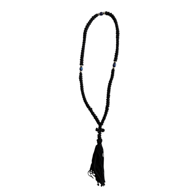 Komboskini laine avec 3 perles - chapelet de prière orthodoxe noir 100 nœuds