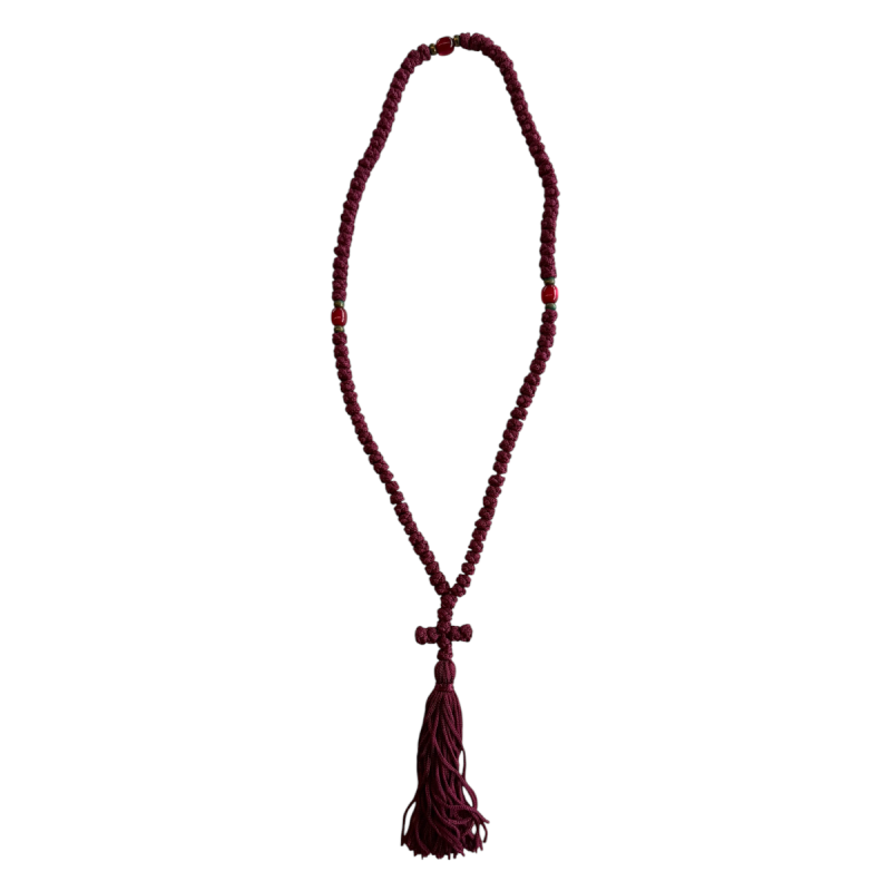 Komboskini laine avec 3 perles - chapelet de prière orthodoxe bordeaux 100 nœuds