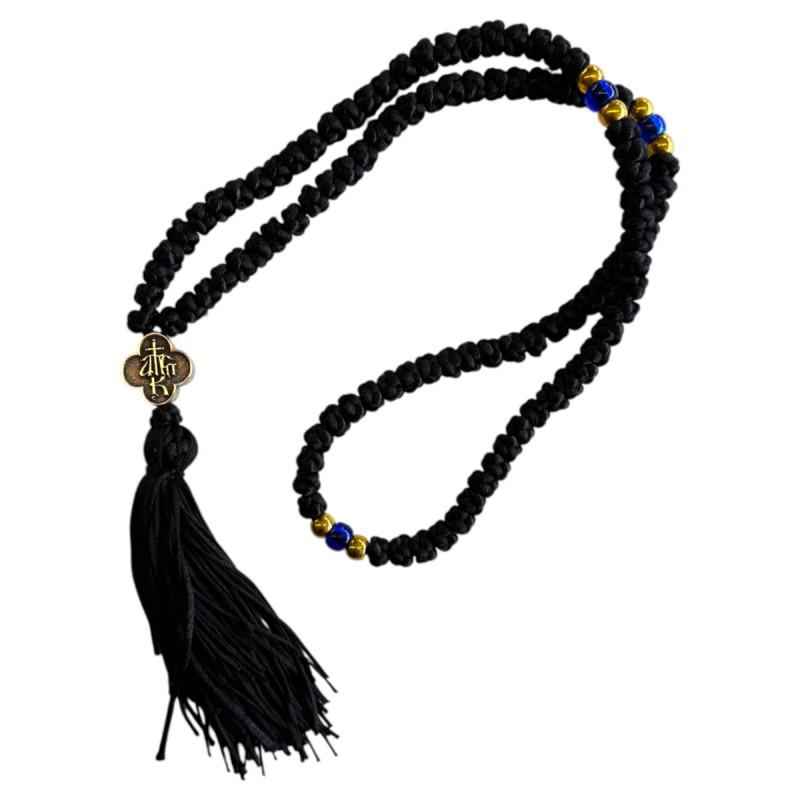 Komboskini à 3 perles et médaillon - chapelet de prière orthodoxe noir 100 nœuds