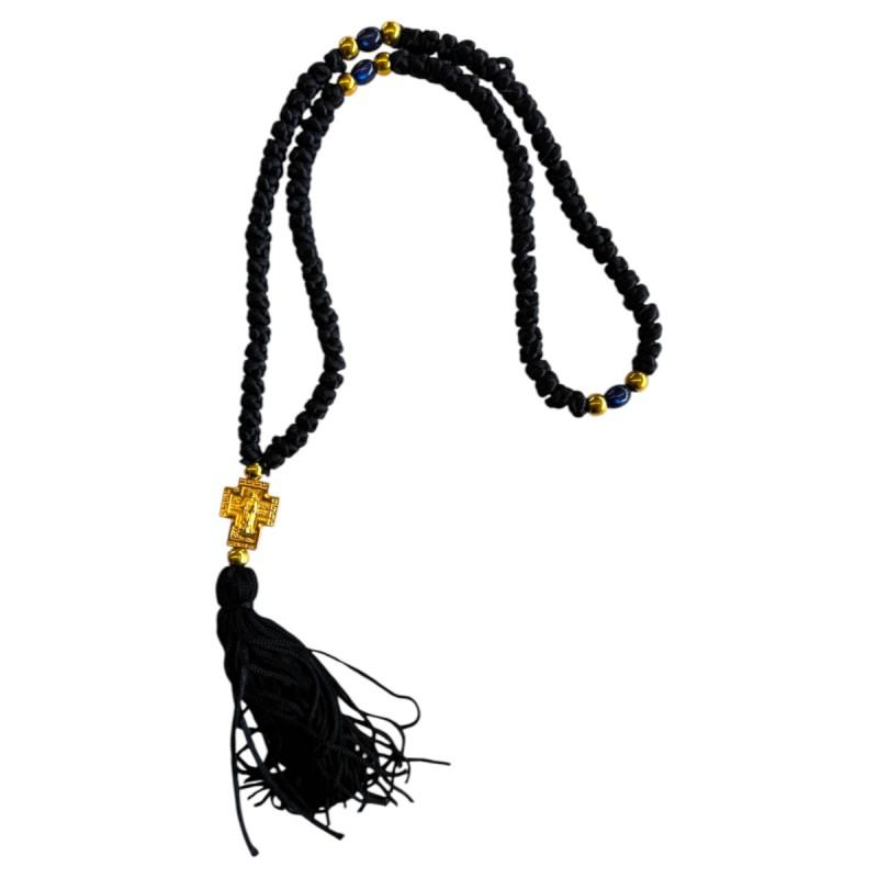 Komboskini à 3 perles et croix en or - chapelet de prière orthodoxe noir 100 nœuds