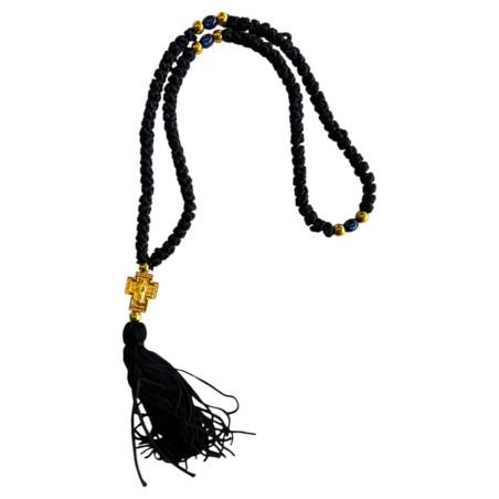 Komboskini à 3 perles et croix en or - chapelet de prière orthodoxe noir 100 nœuds