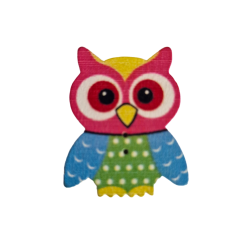 Chouette en bois coloré en différentes couleurs avec deux petits trous de type bouton 35x30mm, trous 1 mm