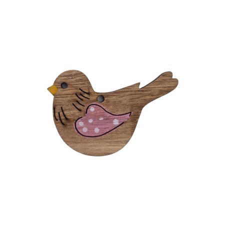 Oiseau en bois naturel avec une touche rose 5 x 4 cm et un trou à accrocher