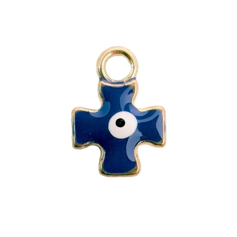Croix mauvais œil émaillée en métal bleu et or, de 10x15 mm