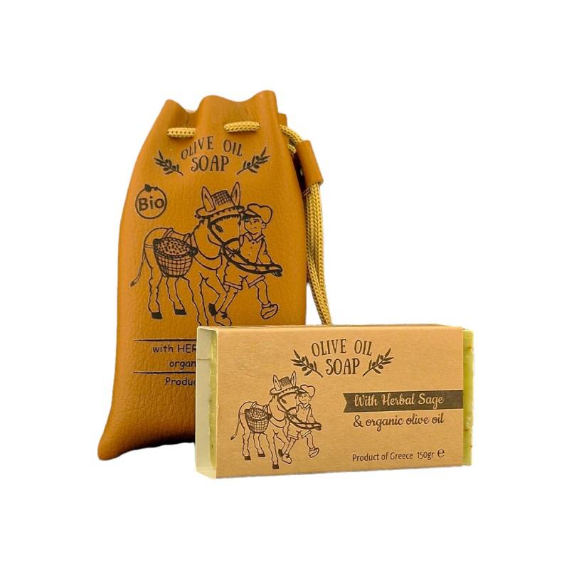 Savon naturel à la sauge et et à l'huile d'olive BIO SPANAKIS 150 g et pochon Savon naturel à la sauge et et à l'huile d'olive BIO SPANAKIS 150 g et pochon
