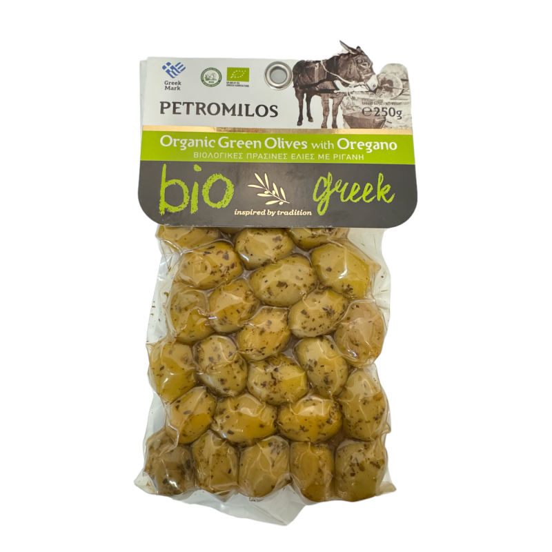 Olives grecques vertes à l'origan BIO en sous vide PETROMILOS 250 g