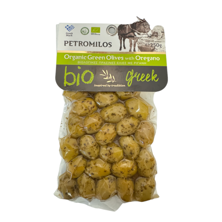 Olives grecques vertes à l'origan BIO en sous vide PETROMILOS 250 g