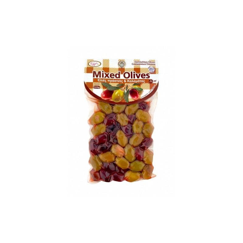 Olives mixtes grecques, vertes et noires, en sous vide ELLIE 250 g Olives mixtes grecques, vertes et noires, en sous vide ELLIE 250 g
