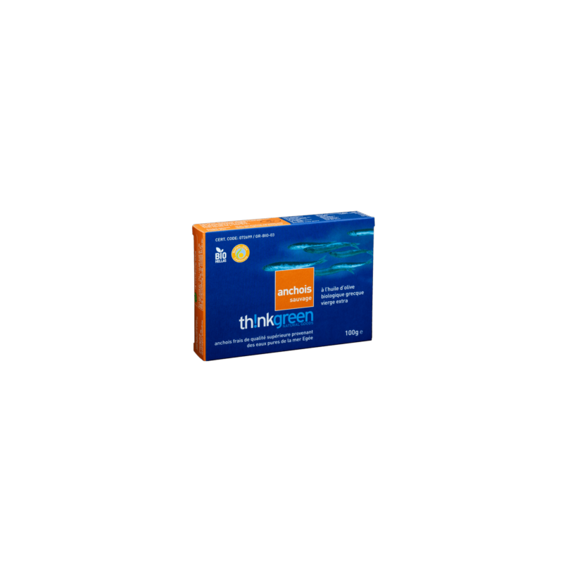 Anchois de la mer Égée, à l'huile d'olive BIO de Grèce THINKGREEN 90 g
